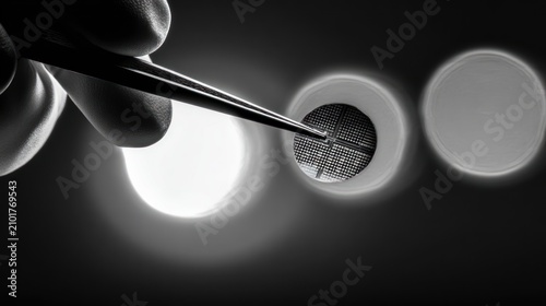 Close up of hand holding tweezers placing microchip component on circuit