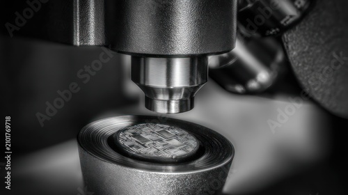 Close up of industrial machine stamping a metal component with detailed textures