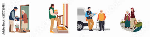 Illustrations showing young volunteers and workers providing food delivery and assistance to senior citizens in their community.