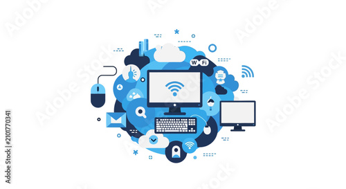 Cloud Computing and Digital Network Connectivity Concept Illustration with Computer, Laptop, and Internet Icons