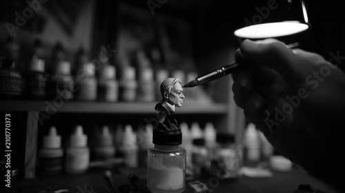 Artist paints miniature sculpture in black and white studio setting