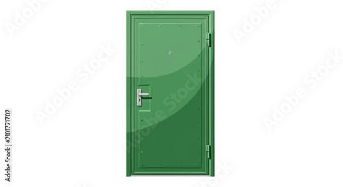 Industrial green metal security door with handle and peephole, featuring decorative rivets on the panel, isolated on a white background, reinforced entrance portal illustration.