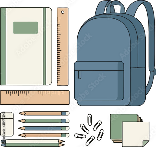 Foto School supplies, educational tools, stationery set, backpack and accessories iso