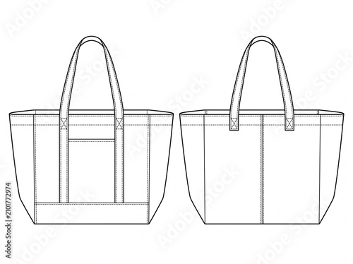 Panelled beach tote bag fashion technical sketch front and back view with vertical seam details