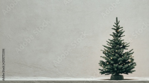 Elegant Christmas Tree Decorated with Lights Against a Minimalistic Background for Holiday Celebrations