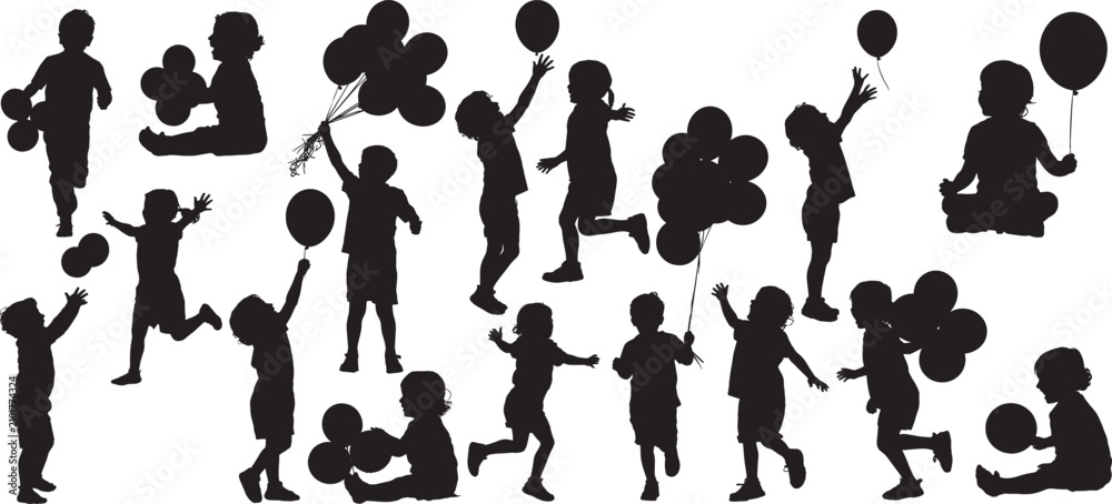 Fototapeta premium Children playing with balloons silhouettes set, children holding, catching, or releasing balloons various dynamic poses. vector