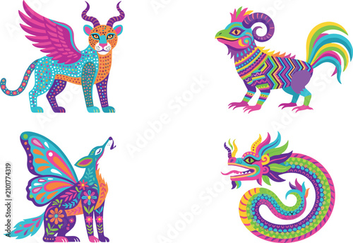 Mexican Alebrijes Folk Art Vector Character Set featuring Colorful Mythical Creatures Winged Jaguar Dragon and Fantasy Animals with Traditional Patterns