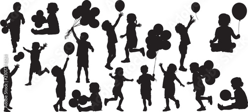 Fotografía Children playing with balloons silhouettes set, children holding, catching, or releasing balloons various dynamic poses