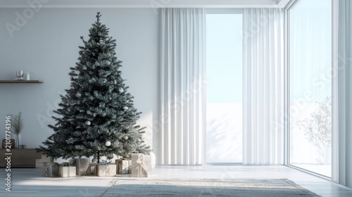 Cozy Modern Living Room with Elegant Christmas Tree and Festive Decorations in Bright Natural Light