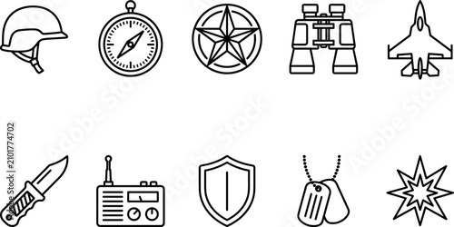 Tableau sur toile Military Equipment and Tactical Defense Outline Icon Set with Helmets Compasses