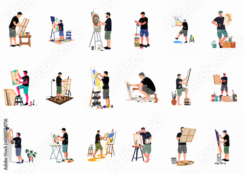 Collection of male artists painting on canvas in different styles and poses, flat vector illustration set isolated on white background.