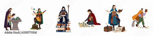 Tableau sur toile Set of flat vector illustrations featuring diverse fantasy characters and Dungeon Masters engaged in tabletop role-playing gaming activities with books, dice, and maps