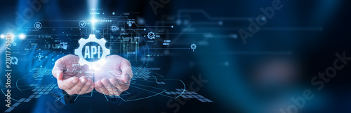 Developer holding the laptop API integration system software connection data exchange application programming interface digital service communication platform development coding technology network.