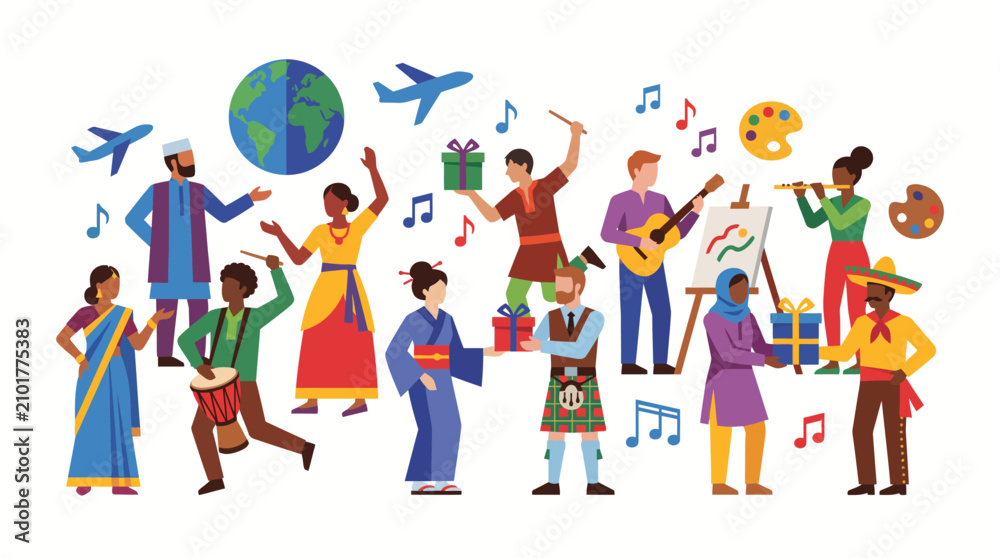 Fototapeta premium Happy diverse multicultural people celebrating cultural heritage music and performing traditional dances with gift exchange