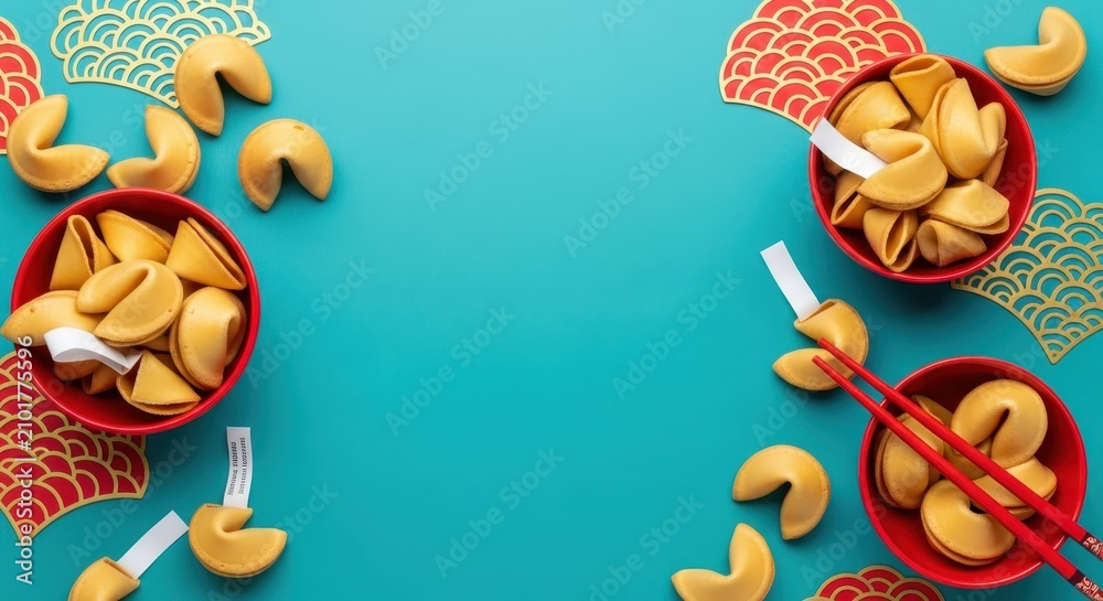 Fototapeta premium Chinese New Year Fortune Cookies in Red Bowls with Chopsticks on Teal Background with Central Copy Space