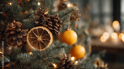 Festive Christmas Tree Decoration with Dry Orange, Pinecones, and Warm Glow of Lights in Soft Focus Background