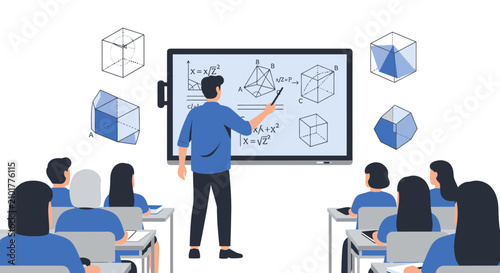 Male Teacher Explaining Mathematical Geometry and Formulas on Digital Smartboard to Students in Modern Classroom Vector Illustration