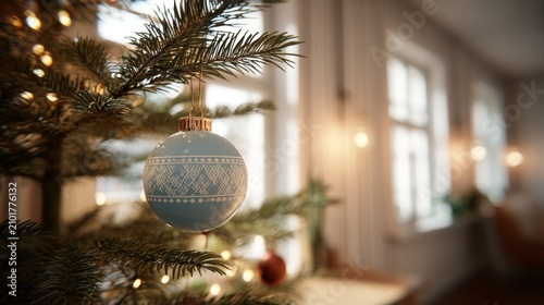 Delicate Blue Ornament on Christmas Tree with Warm Lights in Cozy Indoor Setting