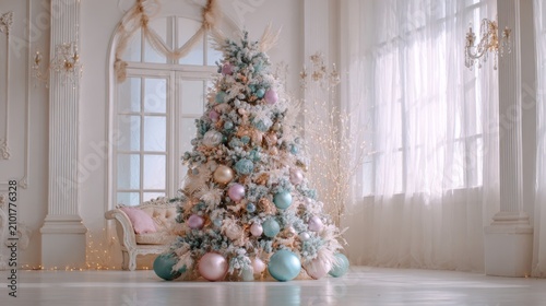 Elegant Christmas Tree Decorated with Pastel Ornaments in a Bright and Airy Living Room