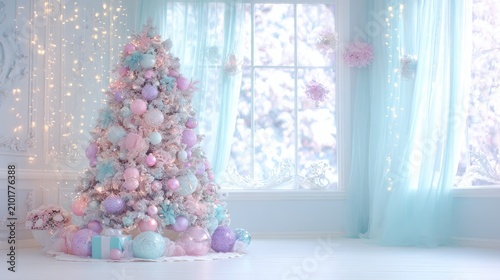Beautiful pastel themed Christmas tree with ornaments and decorations in bright and cozy holiday living room setting