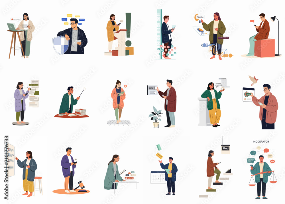 Fototapeta premium Diverse collection of flat vector illustrations depicting community moderators, digital safety management, social media administration, and online platform security scenarios.