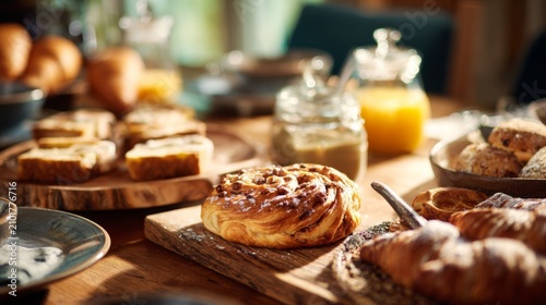 Freshly Baked Pastries and Bread on Rustic Wooden Table in Bright Breakfast Setting
