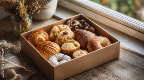 Assorted Fresh Bakery Pastries in a Box with Cozy Natural Atmosphere on Wooden Table