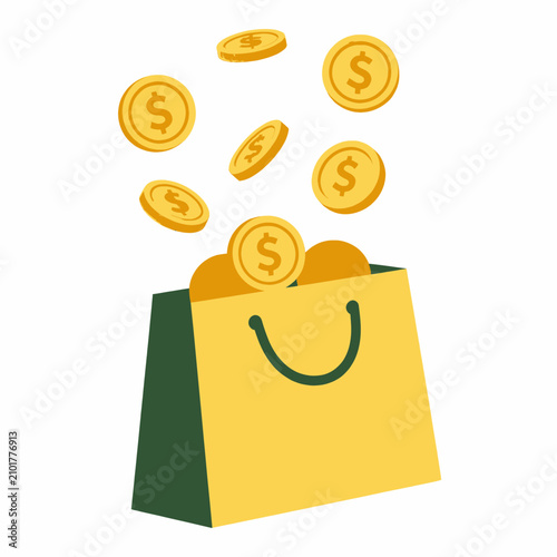 Vector illustration of gold dollar coins falling into a yellow shopping bag representing retail sales, e-commerce profits, online shopping success and financial growth concept