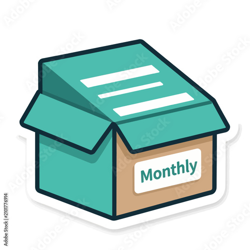 Minimalist 3D isometric icon of a teal colored cardboard shipping box with a label reading monthly on it, representing a subscription box service or monthly delivery package concept