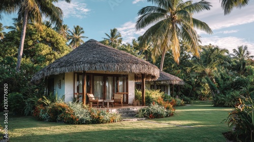 Tranquil Tropical Retreat with Thatched Roof Bungalow Surrounded by Lush Greenery and Palm Trees