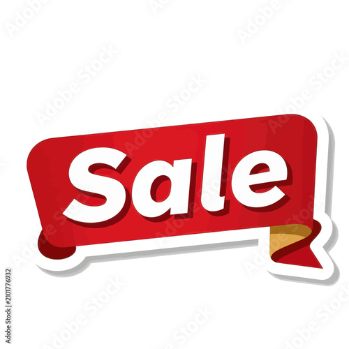 Red promotional sale banner sticker with white text on a glossy ribbon element isolated on white background for retail discount marketing and advertising campaigns