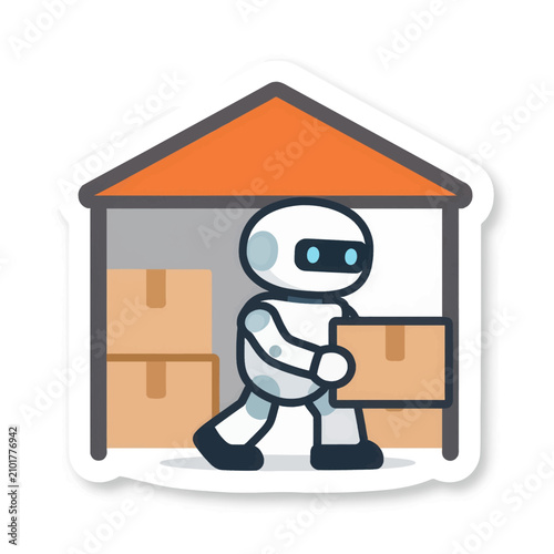 Cute cartoon robot carrying a cardboard box inside a warehouse or storage facility, automated logistics concept with delivery drone and smart technology in a modern distribution center