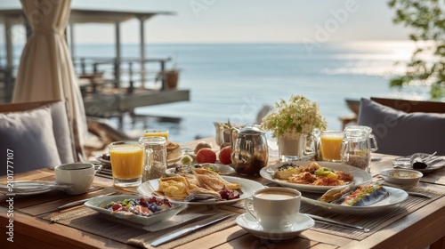 Elegant Breakfast Spread by the Seaside with Fresh Fruits, Juices, and Delicious Pastries on a Wooden Table