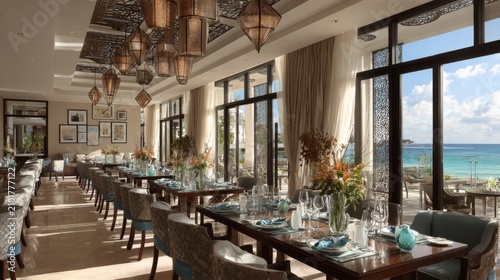 Elegant restaurant interior with ocean view, warm lighting, modern decor, and inviting ambiance for dining and entertainment experience