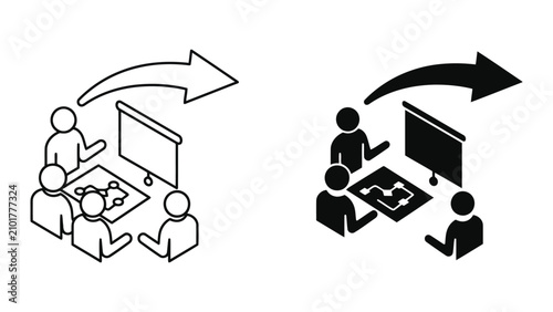 Team strategic planning and meeting icons with planning strategy business