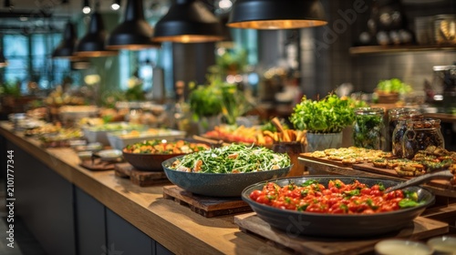 Colorful Buffet Spread with Fresh Vegetables, Gourmet Salads, and Healthy Dishes in Modern Restaurant Setting