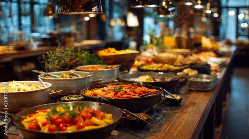 Vibrant and Colorful Food Spread Served on Wooden Table in Cozy Restaurant Setting with Decorative Lighting