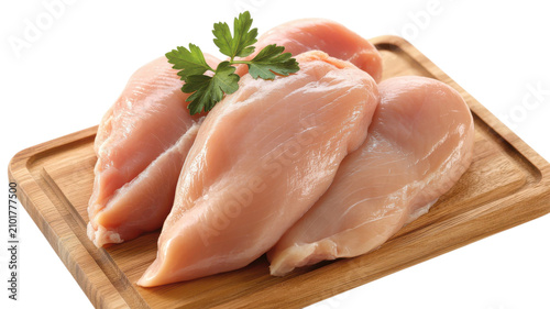 Raw chicken breasts on wooden cutting board with parsley on transparent background.