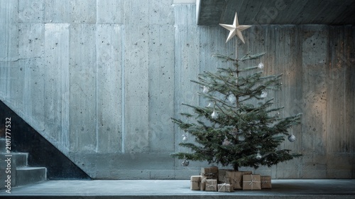 Elegant Minimalist Christmas Tree Decorated with Star and Gifts in Contemporary Concrete Setting