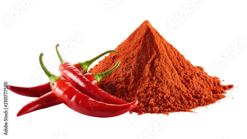 Spicy red chili peppers with pile of ground paprika powder heap flavor seasoning ingredient.