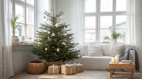 Cozy Christmas Living Room with Beautiful Tree and Wrapped Gifts in Bright Natural Light