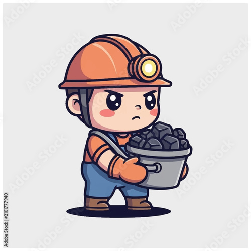 фотографія Cute cartoon miner character holding a bucket of coal.