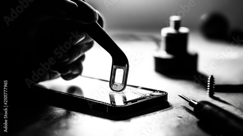 Smartphone repair person working on a device with tools in a studio