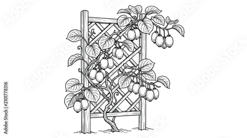 Obraz na płótnie Vintage kiwi fruit vine on garden trellis, botanical line art illustration of cl