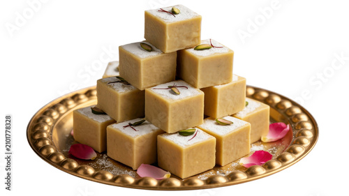 Traditional indian milk dessert burfi on golden plate isolated on transparent background.