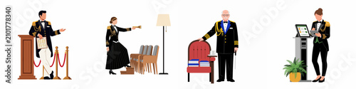 Bild auf Leinwand Collection of professional service staff in elegant vintage-style uniforms, featuring concierge, theater usher, and high-end hospitality characters
