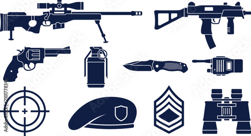 Schilderij op canvas Military Sniper Rifles and Tactical Weapons Silhouette Icon Set with Submachine