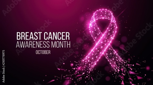 Breast Cancer Awareness Month Breast cancer awareness month design with glowing digital mesh ribbon and october text on a dark purple abstract background