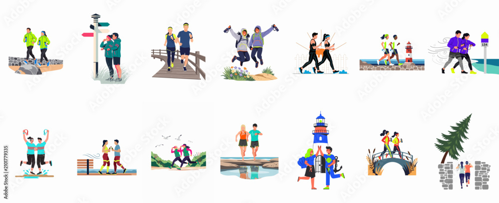 Fototapeta premium Set of flat vector illustrations featuring people running, hiking, and enjoying outdoor fitness activities in various scenic landscapes like coasts, forests, and bridges.