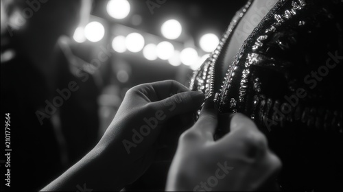 Close up of hands adjusting sequined dress in dim lighting